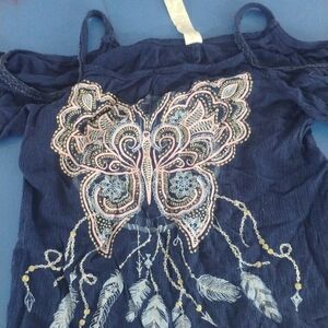 Beautees Navy Blue Butterfly Embroidered Blouse
